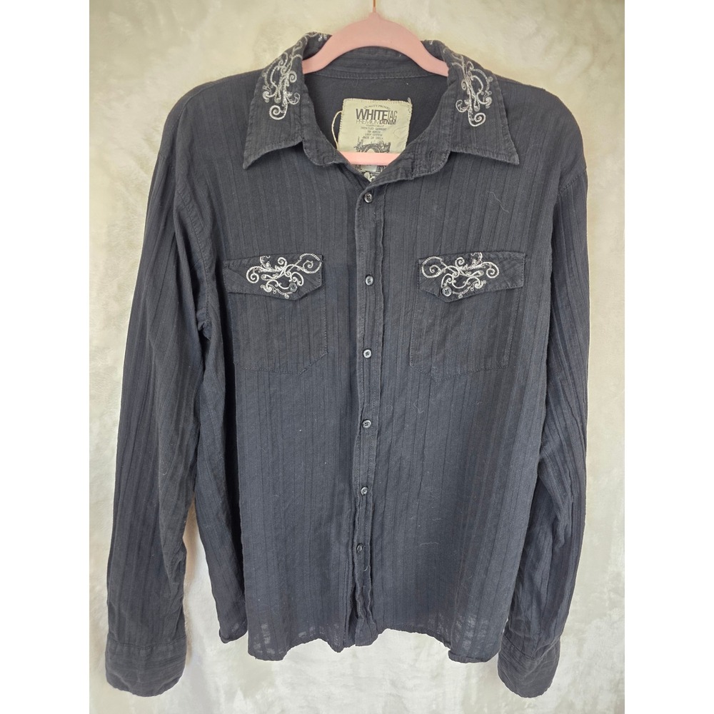 White Tag Premium Denim Mens Large Black Embroidered Western Button Up Shirt L